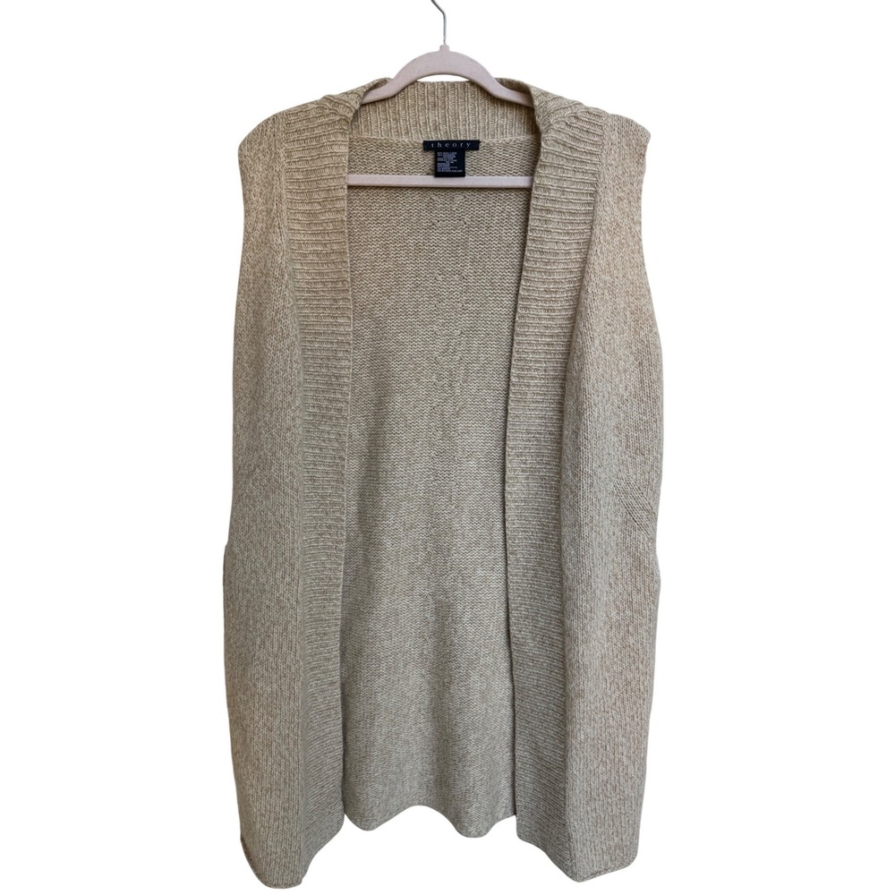 Theory Wool Cashmere Open Front Longline Vest Cardigan Oatmeal Beige Size Medium
